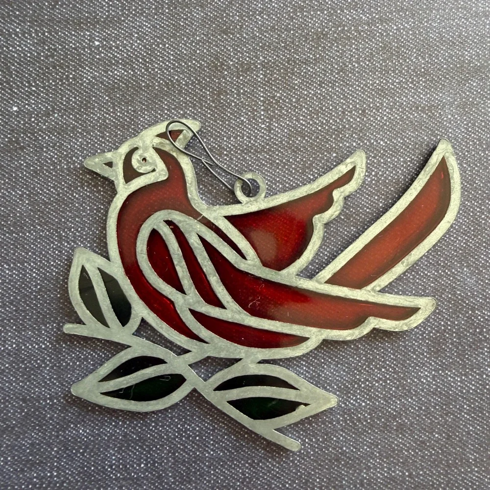 Vintage Red Cardinal Stained Glass Suncatcher Bird Window Hanging Ornament 4